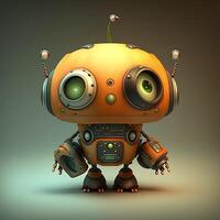 Cute white smiling robotic teen mini unit robot toy gesturing. Cute robot on a white backdrop with a pointing hand and a winking eye. technological idea. photo