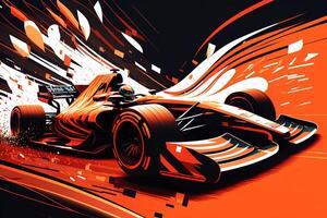 Futuristic racing formula at fast ride to finish. Post product digital illustration. Racing car in motion, Powerful acceleration of a car on a night track with colorful lights and trails photo