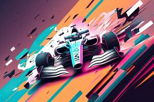 Futuristic racing formula at fast ride to finish. Post product digital illustration. Racing car in motion, Powerful acceleration of a car on a night track with colorful lights and trails photo