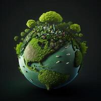 a green mini planet earth, Illustration of planet Earth with a giant tree. Energy saving, ecology and environment sustainable resources conservation concept. photo