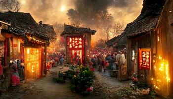 Ancient Chinese village, Chinese New Year, peach flower blossom, multi firework in the sky, bustling market, withered trees. Happy new year concept. Generate AI photo