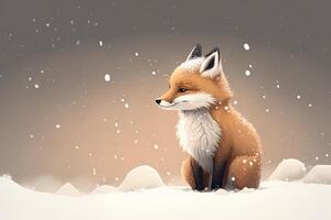 Cute red fox baby cartoon dreamlike in snow, winter, . Animal and landscape concept. photo