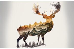 Double exposure of a deer and jungle on white background. Camping concept. Vintage Grizzly for t-shirt design, sticker, poster, and wallpaper. Adventure deer illustration photo