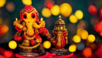 focus on statue of Lord Ganesha, Ganesha Festival. Hindu religion and Indian celebration of Diwali festival concept on dark, red, yellow background and bokeh around photo