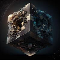 tesseract with fractal design in order and chaos. Abstract multiverse world with cubic . Creative surreal earth environment by puzzle artwork construction photo