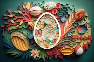 paper cut quilling multi dimensional easter egg in easter celebration, a lot of egg and small rabbit in background. Spring concept. photo