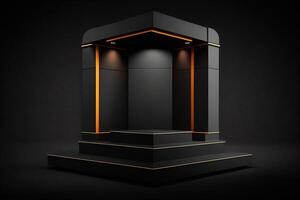 black background and product podium stand studio. Elegant black cube stand for product placement mockup. Minimal box platform showroom with spot light. photo