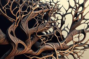 resumen intrincado entrelazados madera ramas creado con generativo ai tecnología. encantado cuento de hadas con entrelazados árbol siluetas foto