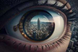 A photograph of a city from above inside the pupil of an eye realistic. Close-up Eye with a modern futuristic city inside it. Look for future. keep moving forward concept. photo