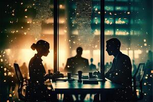 Silhouette of business people working together in office. Concept of teamwork and partnership. . Double exposure and network effects photo