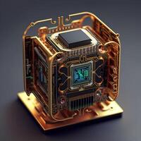 a quantum chip, A futuristic glowing CPU quantum computer processor. Digital chip with HUD elements. Futuristic microchip processor. Modern CPU illustration . Central Computer Processors photo