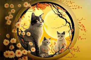 abstract design chinese new year cute cats with spring colors, surreal fantasy, Apricot blossom. Happy new year concept 2023. Year of Cat. Lunar new year photo