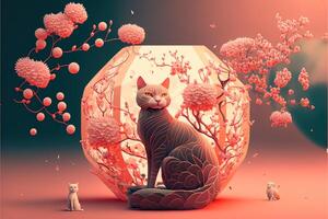 abstract design chinese new year cute cats with spring colors, surreal fantasy, peach flower. Happy new year concept 2023. Year of Cat. Lunar new year photo