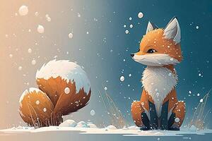 Cute red fox baby cartoon dreamlike in snow, winter, . Animal and landscape concept. photo