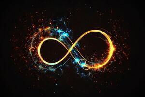 glowing neon infinity symbol in the night. . Infinity, eternity, infinite, endless, loop symbols. photo