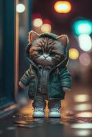 juguete linda gato en ropa chaqueta y zapatillas en calle antecedentes con neón Encendiendo, generativo ai foto