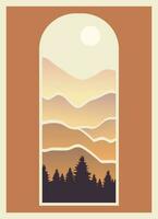 mínimo montaña paisaje ver lanzar el ventana póster. moderno boho antecedentes con Dom y montañas, degradado pared decoración. vector a4 Arte impresión