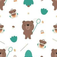 Seamless pattern of camping elements and cute bear. Colorful vector illustration in flat cartoon style.