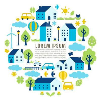 Rural landscape illustration in a circular form with houses and trees
