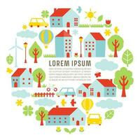 Rural landscape illustration in a circular form with houses and trees vector