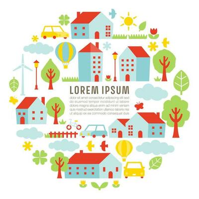 Rural landscape illustration in a circular form with houses and trees