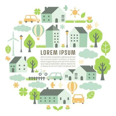Rural landscape illustration in a circular form with houses and trees
