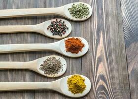 Assortment of spices on the wooden spoons photo