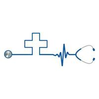 Illustration of a blue stethoscope with a medical cross and a pulse vector