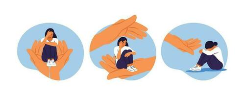 Set images with young woman character sitting on a hand palm. Help and support, a counseling session. Psychotherapy concept. Vector illustration.