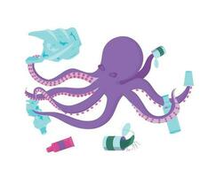 Scavenger octopus. The concept of pollution of the ocean and the environment with waste and plastic. Vector illustration isolated on white background.