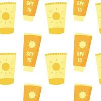 Seamless pattern with sunscreen lotions and creams. Wallpaper design for sunbath procedures vector