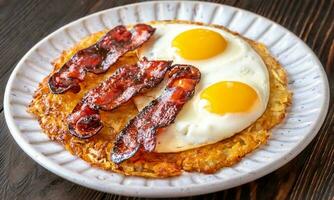 Hash brown with egg and bacon photo