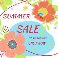 Summer sale banner. Summer flowers and abstract shape. vector