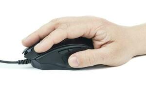 computadora ratón en mano aislado en blanco foto