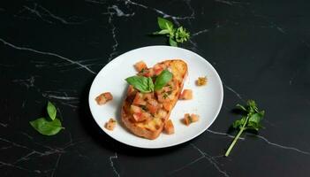 bruschetta on a white plate, with a black marble background photo