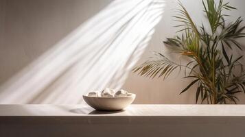 Obliged beige cotton tablecloth on counter table, tropical dracaena tree in daylight on white divider foundation. photo