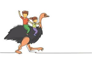 Continuous one line drawing happy little boy and girl riding cute ostrich together. Children sitting on back ostrich with holding its neck. Kid learning to ride ostrich. Single line draw design vector