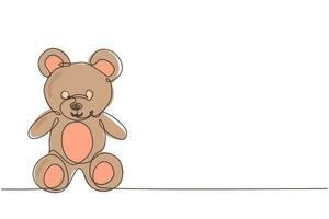 Single continuous line drawing lovely teddy bear toy. Nice and cute teddy bear plush toy. Stuffed teddy bear sitting on floor. Little teddy bear character. Dynamic one line draw graphic design vector