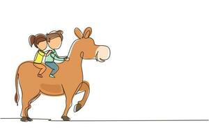 Single continuous line drawing happy cute boy and girl riding donkey together. Children sitting on back donkey with saddle in ranch park. Kids learning to ride donkey. One line draw graphic vector