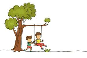 Single continuous line drawing happy two boys playing on tree swing. Cheerful kids on swinging under a tree. Children playing at playground. Dynamic one line draw graphic design vector illustration