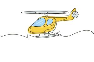 Continuous one line drawing toy helicopter. Children toys, air vehicles. Flying helicopter, for transportation. Transport for flight in air. Single line draw design vector graphic illustration