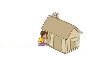 Single one line drawing cute little boy playing in house made of cardboard boxes. Creative child sitting in playhouse. Kid leisure time. Modern continuous line draw design graphic vector illustration