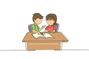 Continuous one line drawing children pupils studying together while boy explains to girl pointing at their notebook. Kids makes homework from school. Single line design vector graphic illustration