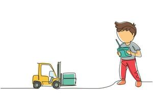 Single one line drawing boy playing with remote-controlled forklift truck toy. Kids playing with electronic toy forklift truck with remote control in hands. Continuous line design vector illustration