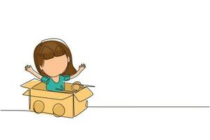 Continuous one line drawing girl driving cardboard car. Happy child ride on toy car made of cardboard. Creative kids plays with her cardboard car. Single line draw design vector graphic illustration
