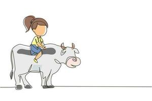 Continuous one line drawing happy little girl riding cow. Cheerful child sitting on back cow with saddle in ranch ground. Kids learning to ride cow. Single line draw design vector graphic illustration