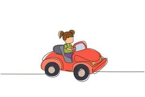 Single continuous line drawing girl driving car, happy cute child. Little girl smiling happy driving toy car. Children's trip in small car. Dynamic one line draw graphic design vector illustration