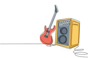 Single continuous line drawing electric guitar with amplifier. Rock music illuminated stage background with microphone electric guitar and speakers. One line draw graphic design vector illustration