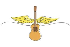 Continuous one line drawing musical emblem with wings, fire and caption guitar music. Musical instrument. Rock concert. Acoustic guitar with wings. Single line draw design vector graphic illustration