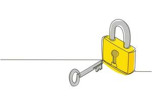 Single continuous line drawing lock and key, isometric image. Key and lock. Safety lock with key icon image. Success, solution, opportunity and safety concept. One line draw graphic design vector